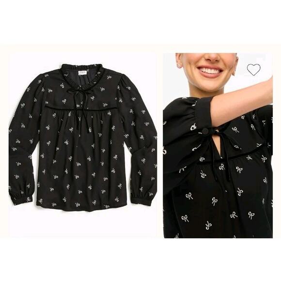 J Crew Velvet Tie Neck Top Bow Print Womens XL Black Ivory Blouse Long Sleeve - Picture 2 of 14